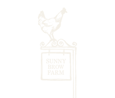 Sunny Brow Farm logo - a line drawing of a chicken standing of the Sunny Brow Farm signpost